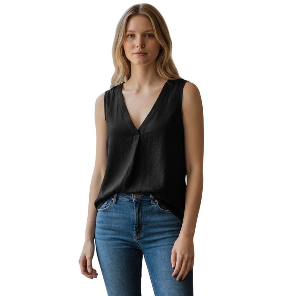 Vince Camuto Womens Fresh Tropics Linen V-Neck Pleat Top Black XXS 91325B011